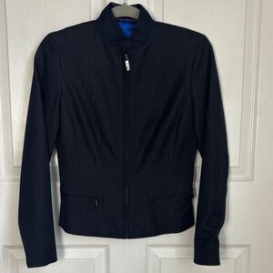 Tahari Navy Blue Monk Collar Blazer Fitted Satin Lined Sz 2 moto short jacket